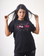 Female Printed Round Neck Half Sleeve T-Shirt-Flowers and Butterfly