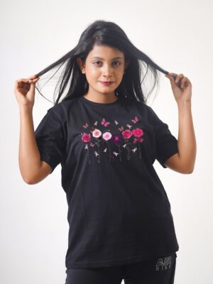 Female Printed Round Neck Half Sleeve T-Shirt-Flowers and Butterfly