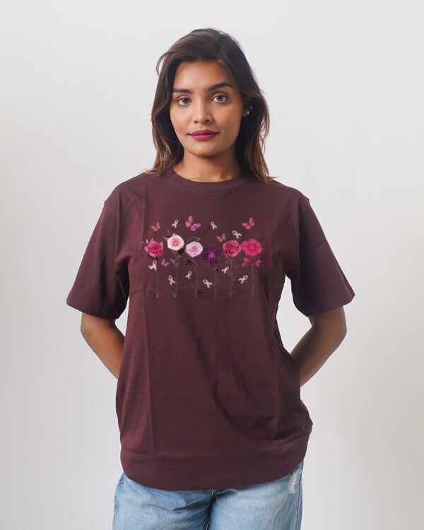 Female Printed Round Neck Half Sleeve T-Shirt-Flowers and Butterfly