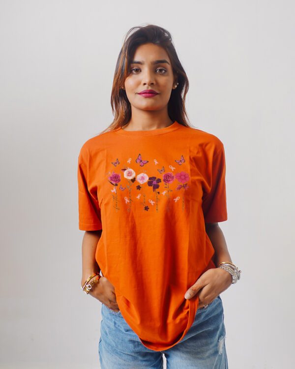 Female Printed Round Neck Half Sleeve T-Shirt-Flowers and Butterfly