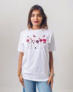 Female Printed Round Neck Half Sleeve T-Shirt-Flowers and Butterfly