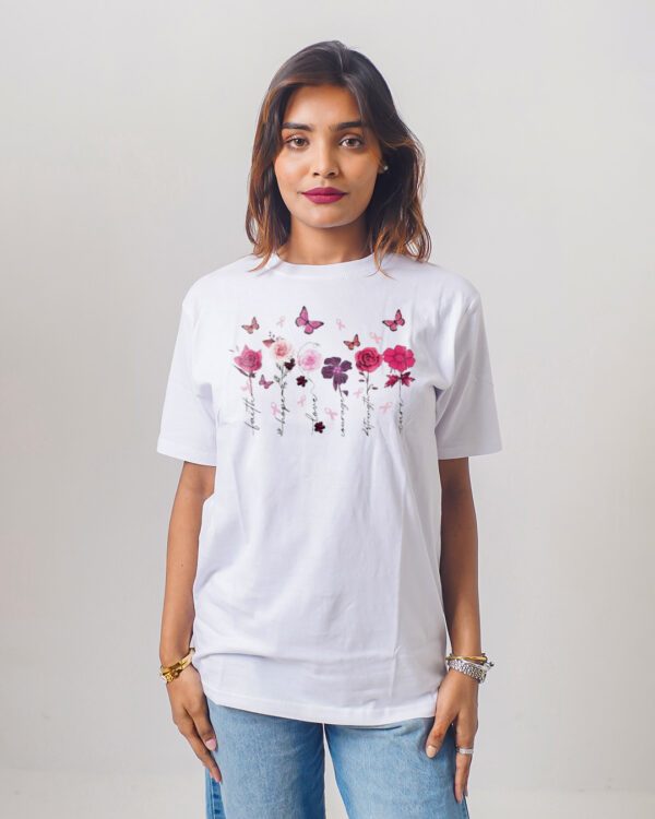 Female Printed Round Neck Half Sleeve T-Shirt-Flowers and Butterfly