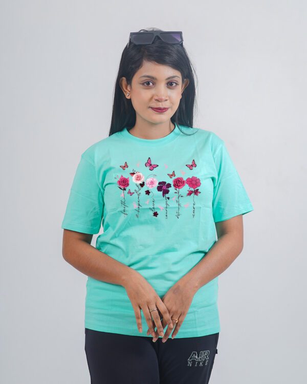 Female Printed Round Neck Half Sleeve T-Shirt-Flowers and Butterfly