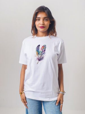 Female Printed Round Neck Half Sleeve T-Shirt-Feather
