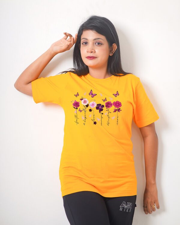 Female Printed Round Neck Half Sleeve T-Shirt-Flowers and Butterfly