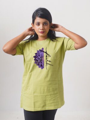 Female Printed Round Neck Half Sleeve T-Shirt- Half Flower
