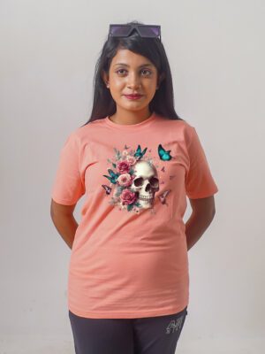 Female Printed Round Neck Half Sleeve T-Shirt- Head With Flowers